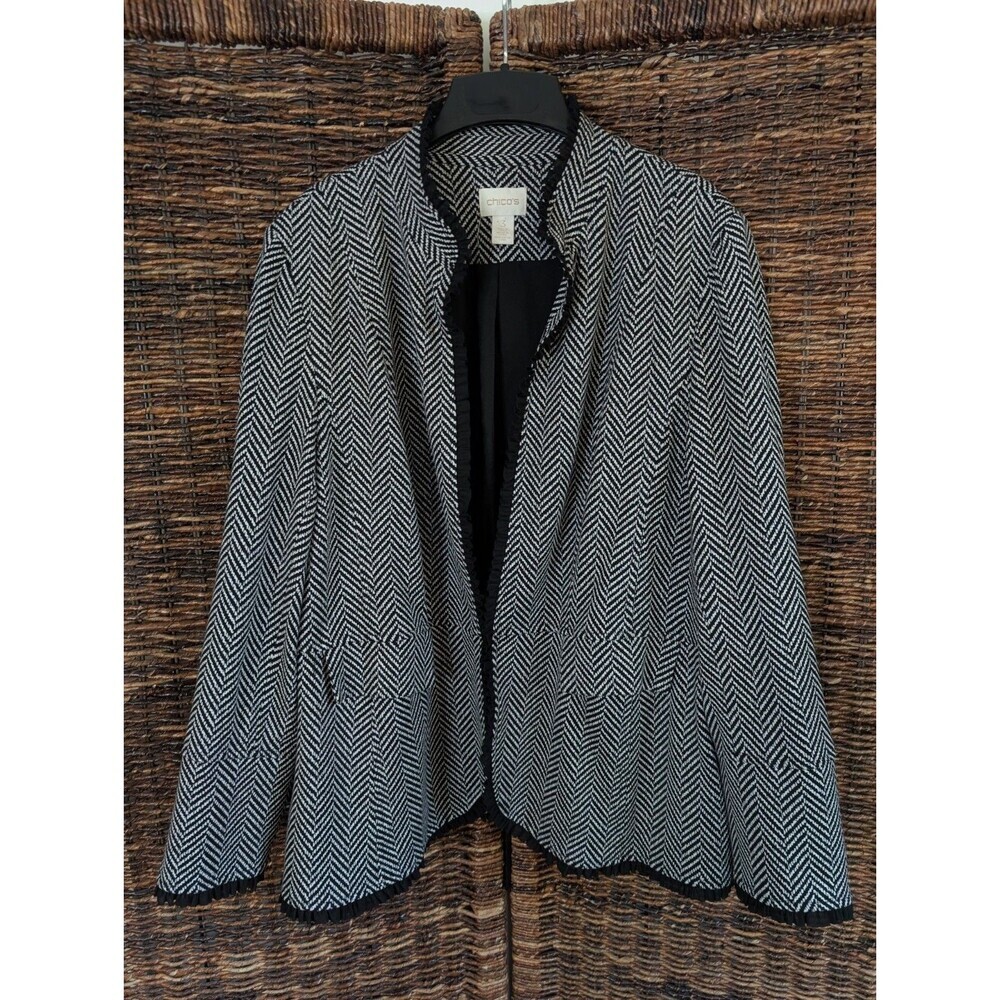 Chico's Chevron Mesh Ruffle Trim Blazer Jacket Women's 3 Black XL 16 Classic